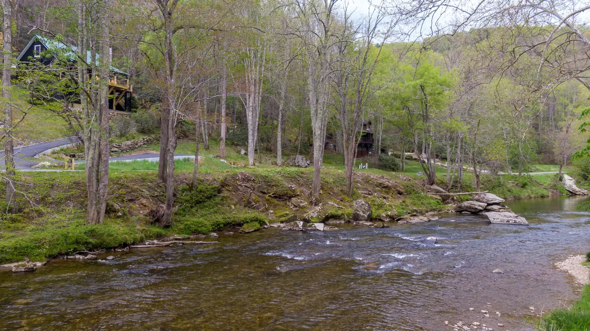 This image captures the flowing river bordered by lush trees, with the house visible in the background. The serene waters and natural greenery evoke the sense of outdoor adventure and tranquility that guests can enjoy with their dogs along the Watauga River.
