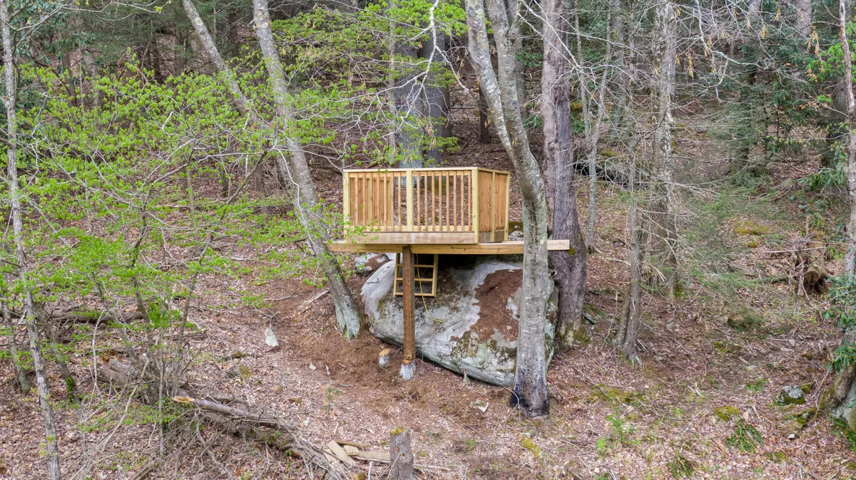 A rustic treehouse nestled amidst lush greenery and anchored by a large boulder, surrounded by tall trees. It’s a peaceful retreat perfect for bird watching, nature observation, and stargazing, emphasizing the sense of immersion in the mountain landscape.