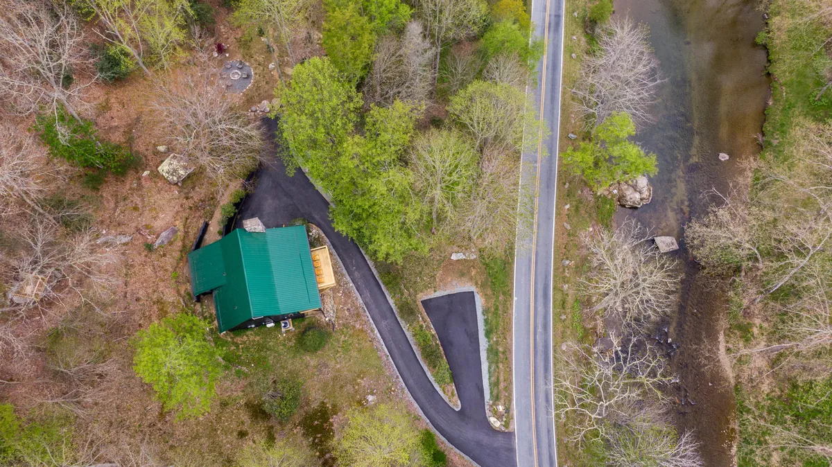A wide exterior view showcasing the cabin with its green roof nestled among tall trees, a winding driveway, and glimpses of the nearby river. The environment radiates an inviting sense of seclusion and connection to nature, ideal for guests traveling with pets.